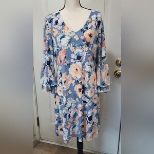 MSK Blue-White & Peach Double Angel Bell 3/4 Sleeve Shift Dress Size L V-Neck